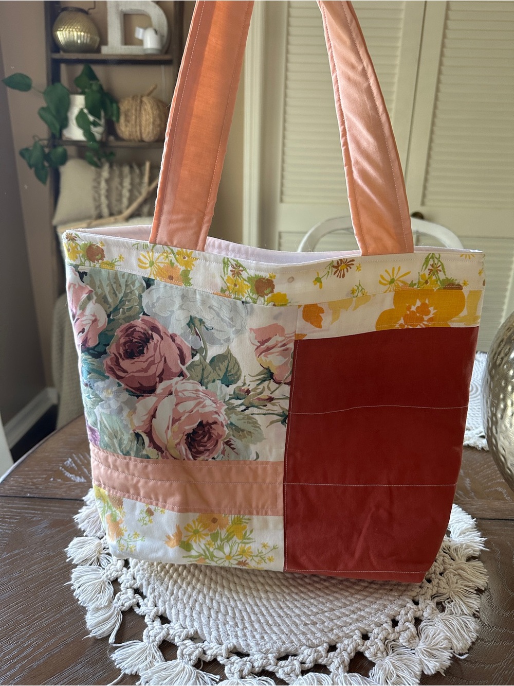 Floral Patchwork Tote Bag in Pink and Rust
